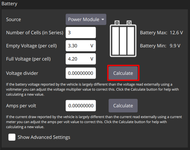 power config voltage divider: calculete