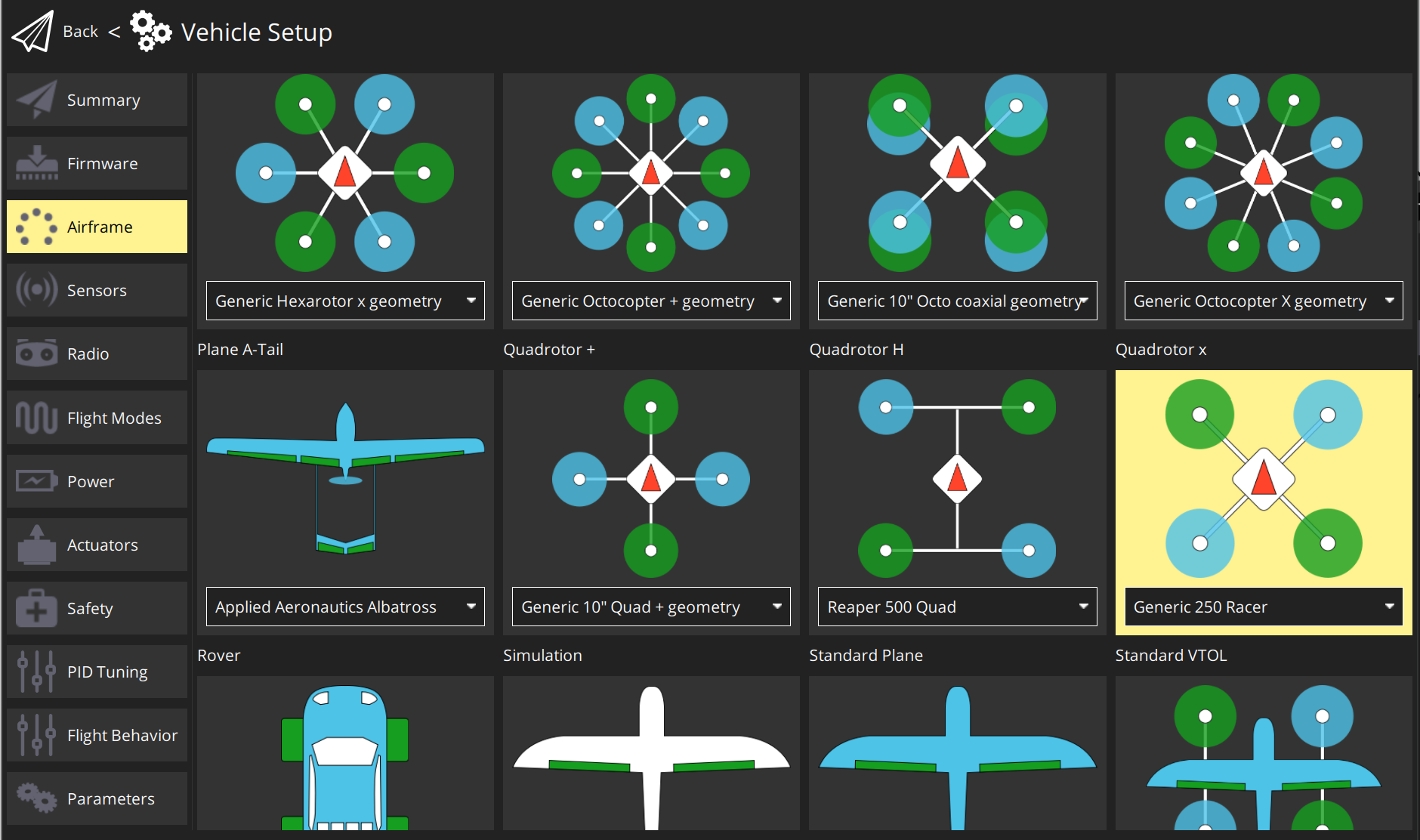 QGroundControl frame selection